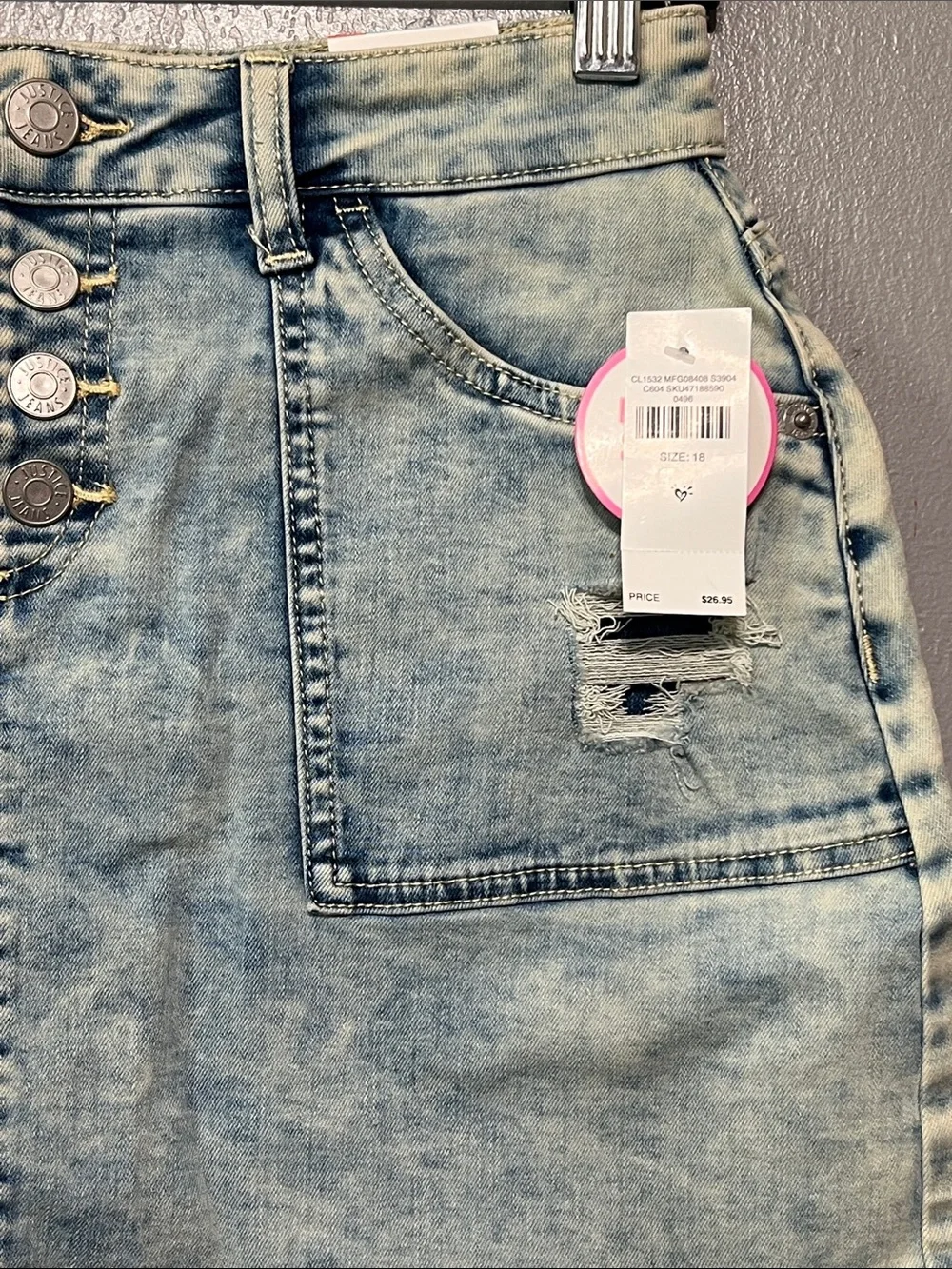 Justice Jeans High Waist Distressed Denim Skort Light Wash Button Front Size 18